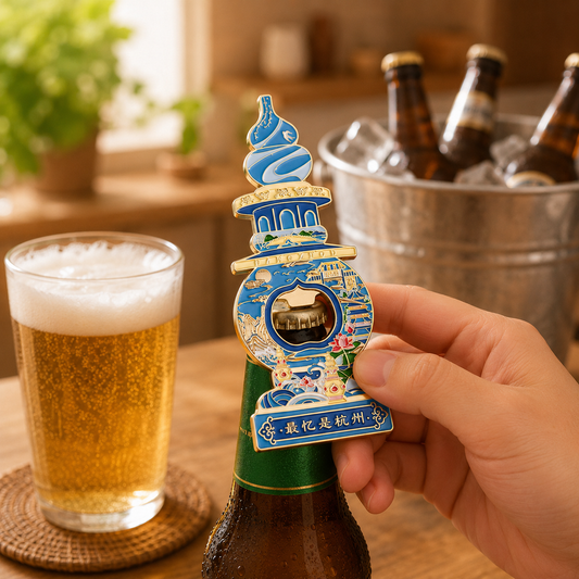 3D Landmark Travel Souvenir Gift | Chinese Lakeside Pagoda & Lotus Design | Magnetic Bottle Opener & Refrigerator Magnet | Kitchen Decor