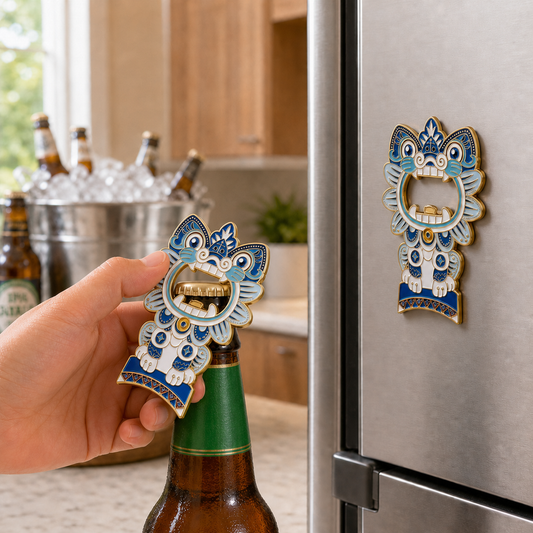 Magnetic Bottle Opener & Refrigerator Magnet | Chinese Cat Roof Guardian design | Blue & White 3D Enamel Gift |Kitchen Decor