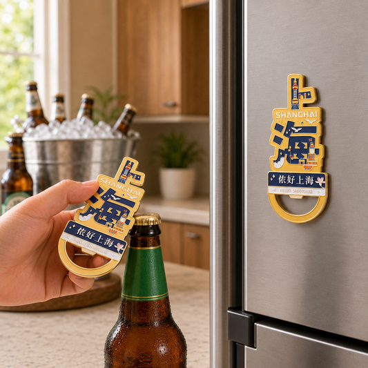 3D Landmark Travel Souvenir Gift | Shanghai Skyline & Chinese Character Art Design | Magnetic Bottle Opener & Refrigerator Magnet | Kitchen Decor