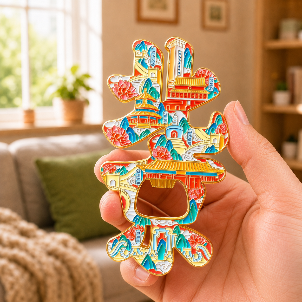 Magnetic Bottle Opener & Refrigerator Magnet | Beijing “Jing” Chinese Character & Landmark Design | 3D Enamel Capital City Gift | Kitchen Décor