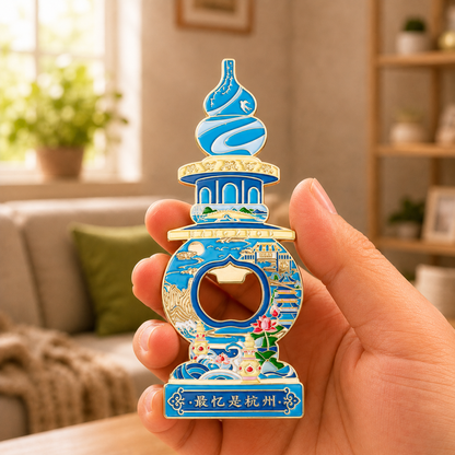 Magnetic Bottle Opener & Refrigerator Magnet | Hangzhou Three Pools Mirroring the Moon Design | West Lake 3D Enamel Gift | Kitchen Decor