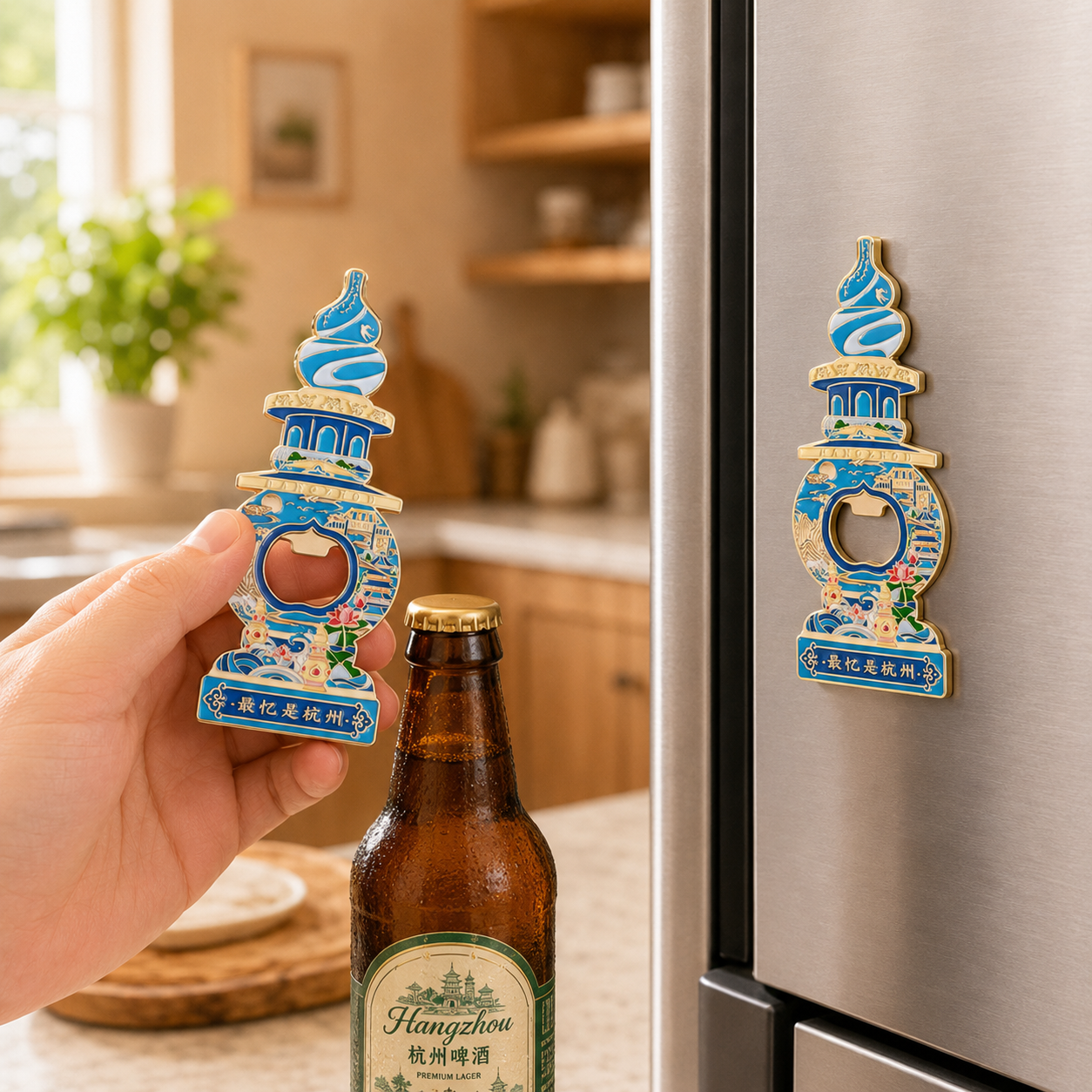 Magnetic Bottle Opener & Refrigerator Magnet | Hangzhou Three Pools Mirroring the Moon Design | West Lake 3D Enamel Gift | Kitchen Decor