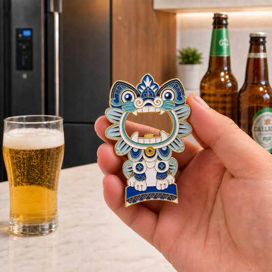 Magnetic Bottle Opener & Refrigerator Magnet | Chinese  Cat Roof Guardian design | Blue & White 3D Enamel Gift |Kitchen Decor