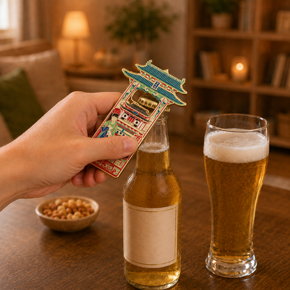 Magnetic Bottle Opener & Refrigerator Magnet | Shanxi Jinci Temple Design | Traditional Architecture 3D Enamel Gift | Kitchen Décor