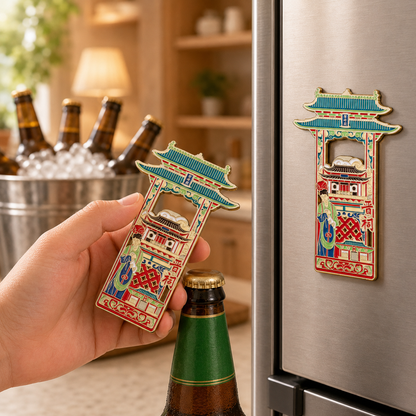 Magnetic Bottle Opener & Refrigerator Magnet | Shanxi Jinci Temple Design | Traditional Architecture 3D Enamel Gift | Kitchen Décor