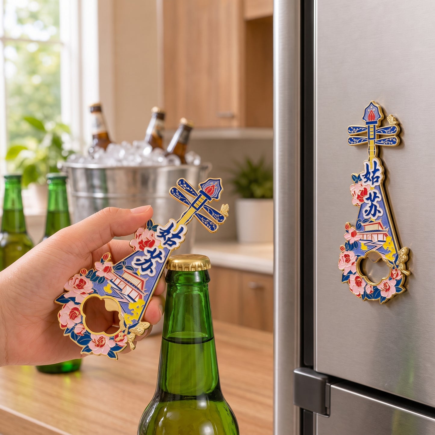 Magnetic Bottle Opener & Refrigerator Magnet | Suzhou Pingtan Pipa Design | Jiangnan Garden 3D Enamel Gift | Kitchen Décor